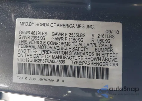 2019 Acura Tlx Standard из США, поврежденный, VIN 19UUB2F37KA005509